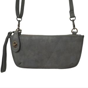 Joy Susan Faux Suede Crossbody Wristlet Grey Silver Adjustable Strap Vegan